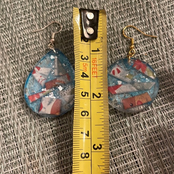 XMAS Festive Handmade Medium Holiday Earrings Blue Teardrop - Picture 7 of 9